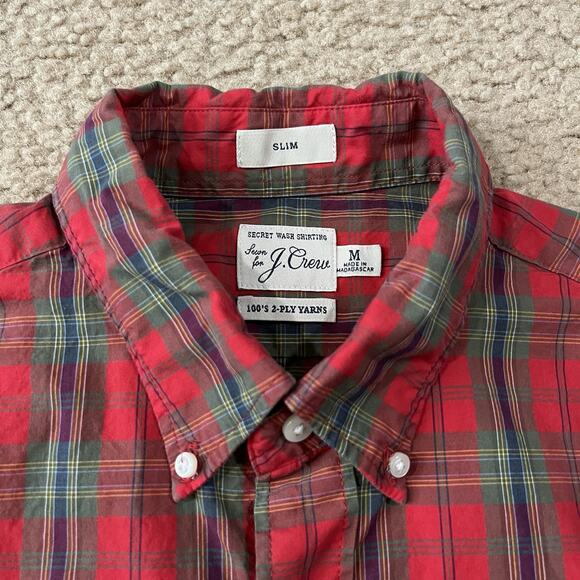 J Crew Mens 100s 2 Ply Yarns Red Plaid Long Sleeve Button Up Shirt Size Medium - Picture 4 of 6